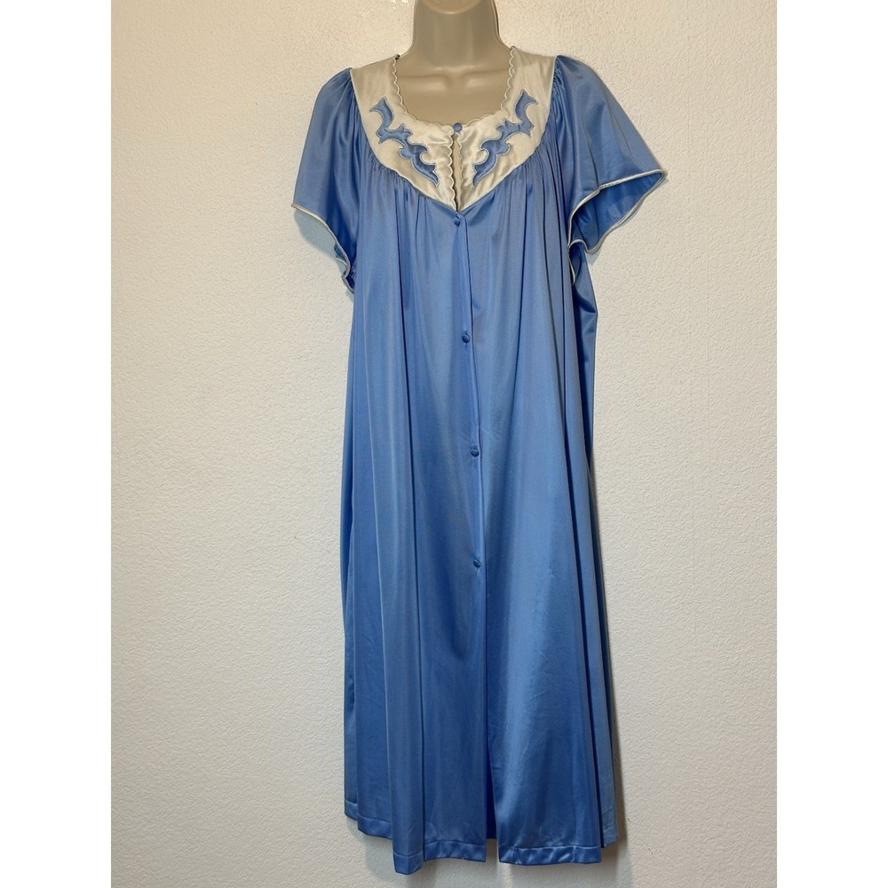 Vtg 80s Vanity Fair Blue White Accent  Button Front Pocket House Coat Robe‎   XL
